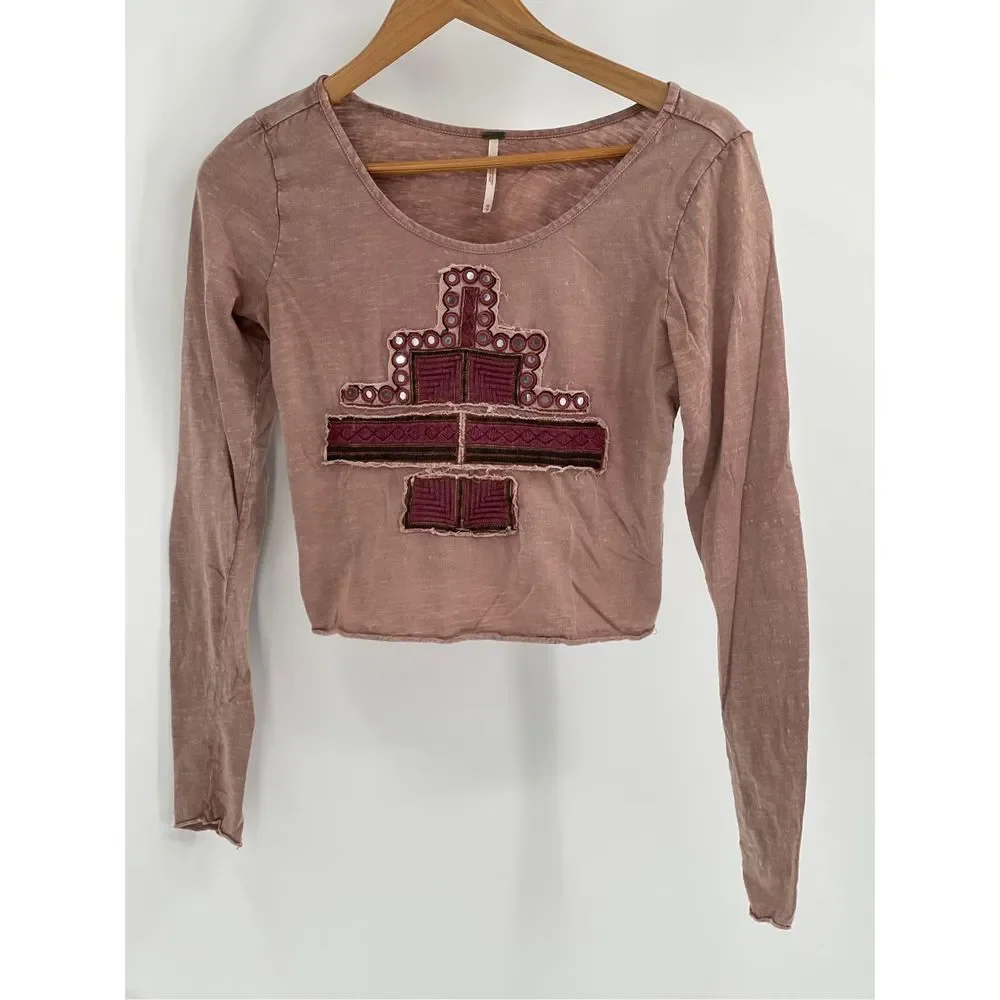 Free People Top Crop Women XS Pink‎ Mauve Embroidered V Neck Bohemian Flutter